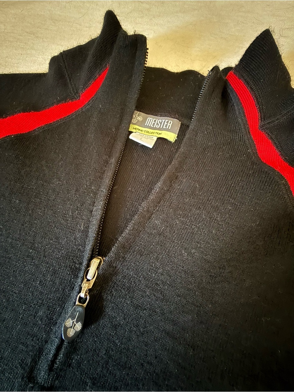 Meister Men’s Black Zip-Up Sweater with Red Shoulder Stripes